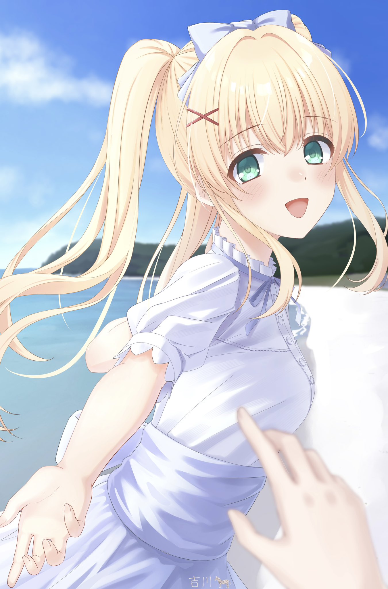 1girl, 1other, :d, back_bow, beach, blonde_hair, blue_bow, blue_bowtie, blue_skirt, blue_sky, blurry, bow, bowtie, commentary_request, cowboy_shot, day, depth_of_field, floating_hair, from_side, green_eyes, hair_between_eyes, hair_bow, hair_intakes, hair_ornament, happy, high-waist_skirt, highres, imminent_hand_holding, kimuratamashi, long_hair, looking_at_viewer, ocean, open_mouth, outdoors, pov, pov_hands, puffy_short_sleeves, puffy_sleeves, reaching, reaching_towards_viewer, ringed_eyes, shirt, short_sleeves, sidelocks, signature, skirt, sky, smile, solo_focus, summer_pockets, tsumugi_wenders, twintails, white_shirt, x_hair_ornament