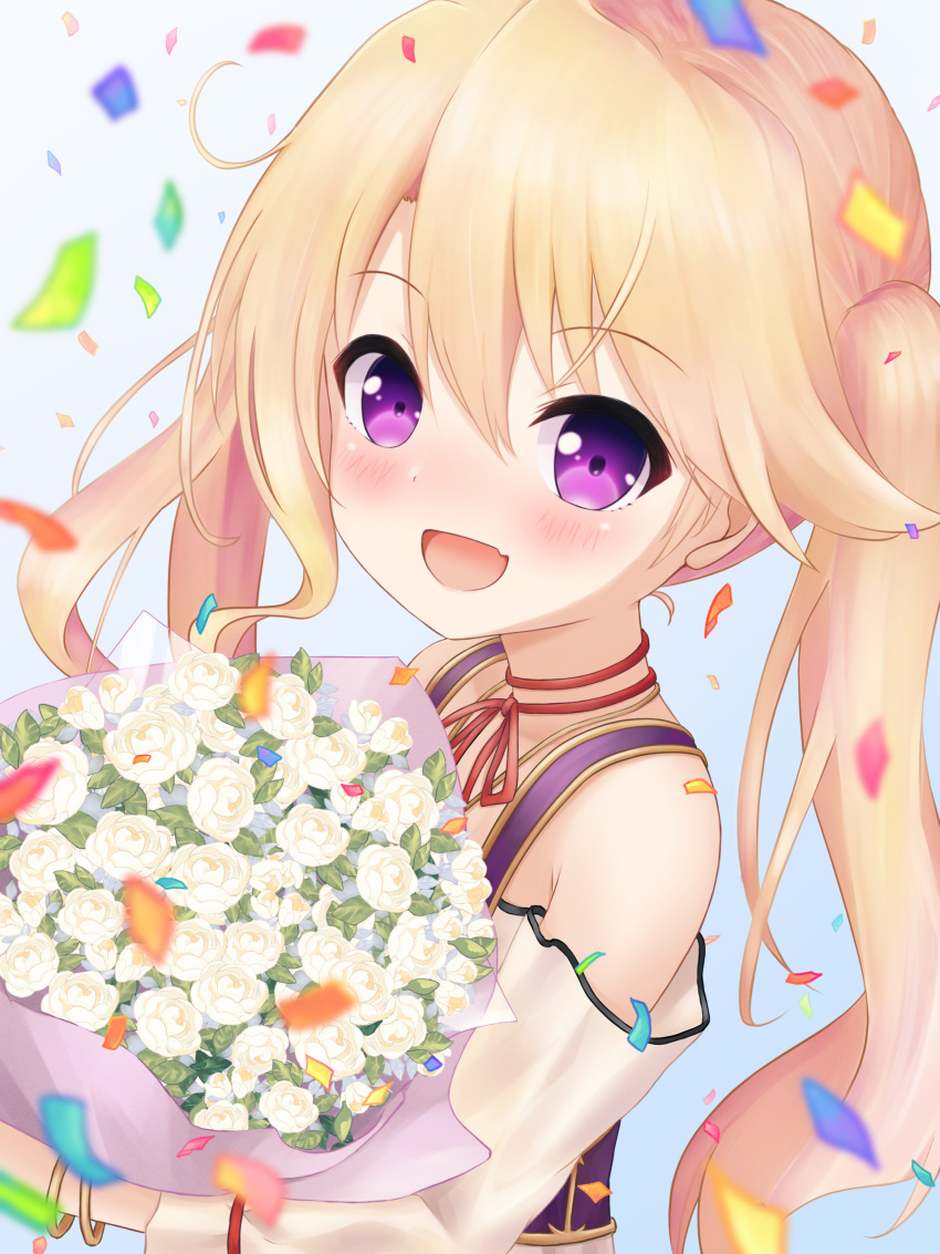 1girl, absurdres, bare_shoulders, blonde_hair, blush, bouquet, confetti, flower, from_side, highres, iris_mysteria!, ladis_(iris_mysteria!), looking_at_viewer, open_mouth, red_ribbon, ribbon, sigure_hazime, smile, twintails, upper_body, violet_eyes, white_flower