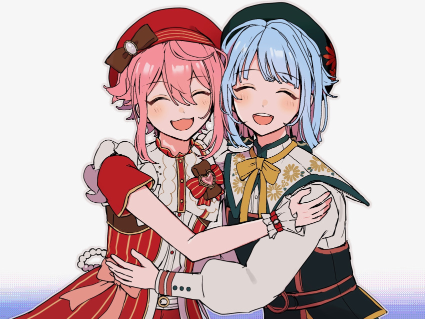 2boys, ^_^, androgynous, beret, black_vest, blue_hair, blunt_bangs, blunt_ends