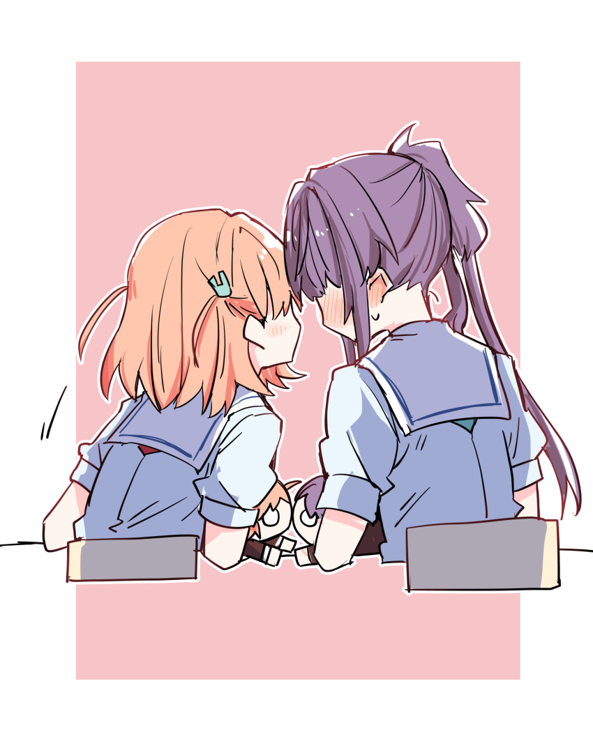 2girls, aqua_neckerchief, blue_dress, blush, border, cerise_bouquet, character_doll, commentary_request
