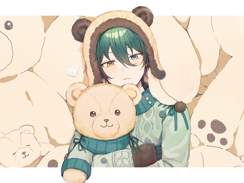 1boy, animal_background, aqua_trim, bear_hat, bishounen, blue_eyes, c54chu0113, ensemble_stars!