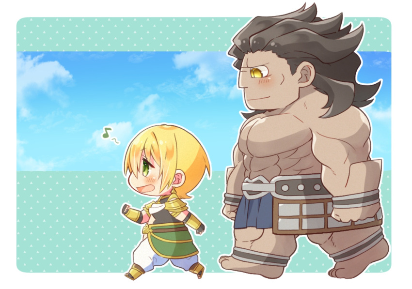 2boys, armor, black_hair, blonde_hair, chibi, dark-skinned_male, dark_skin, earrings, fate/grand_order, fate_(series), fingerless_gloves, gloves, goshipiumu, green_eyes, heracles_(fate), highres, jason_(fate), jewelry, long_hair, male_focus, messy_hair, multiple_boys, muscular, muscular_male, open_mouth, short_hair, smile