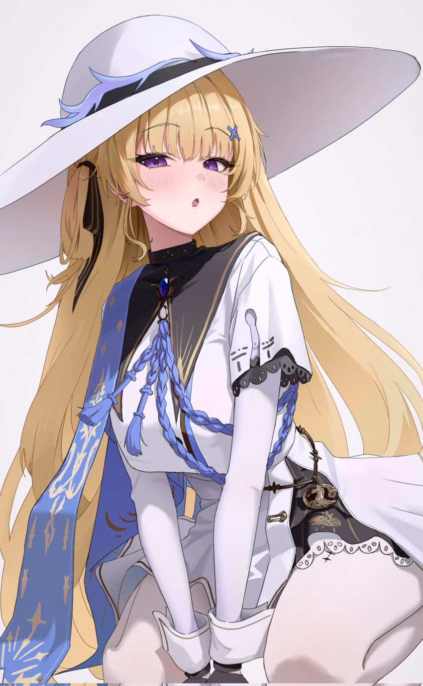 1girl, black_gloves, blonde_hair, blue_gemstone, cuffs, gem, gloves, hair_ornament, hat, highres, long_hair, neptune_illust, pantyhose, phoebe_(wuthering_waves), simple_background, skirt, solo, white_background, white_hat, white_pantyhose, white_skirt, wuthering_waves, x_hair_ornament