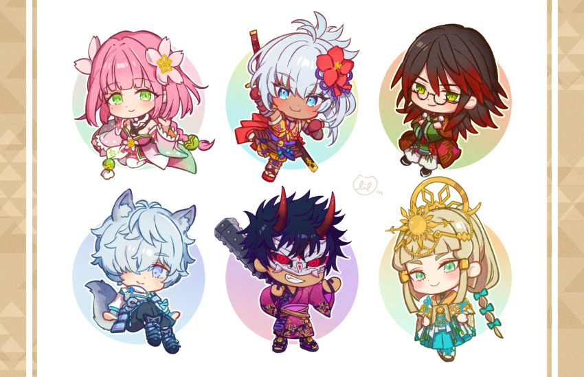 3boys, 3girls, animal_ears, armor, black_hair, blonde_hair, blue_eyes, blush