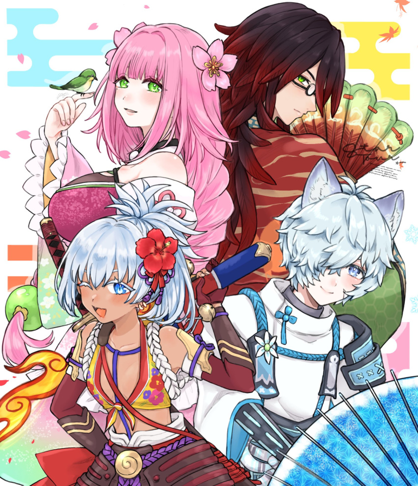 2boys, 2girls, animal_ear_fluff, animal_ears, armor, bird, bird_on_hand, black_hair
