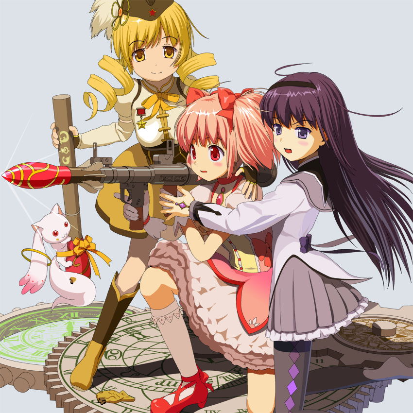 :3, akemi_homura, blonde_hair, boots, bow, bubble_skirt, drill_hair, dyuei