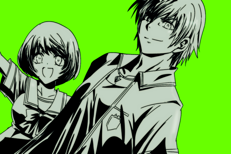 1boy, 1girl, :d, aizel_(dq10), arm_up, asfeld_academy_school_uniform, bob_cut, bow