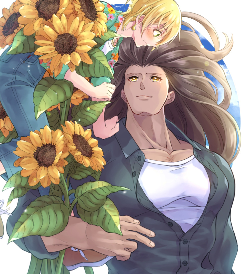 2boys, alternate_costume, black_hair, blonde_hair, casual, contemporary, dark-skinned_male, dark_skin