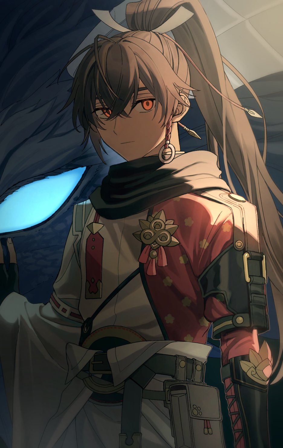 1boy, black_gloves, black_hair, closed_mouth, commentary, crossed_bangs, dragon, fingerless_gloves, gloves, glowing, glowing_eyes, hair_between_eyes, hair_ribbon, high_ponytail, highres, japanese_clothes, long_hair, looking_at_viewer, male_focus, orange_eyes, ponytail, ribbon, rune_factory, rune_factory:_guardians_of_azuma, shijima_(4jima), solo, subaru_(rune_factory), symbol-only_commentary, very_long_hair, wide_sleeves