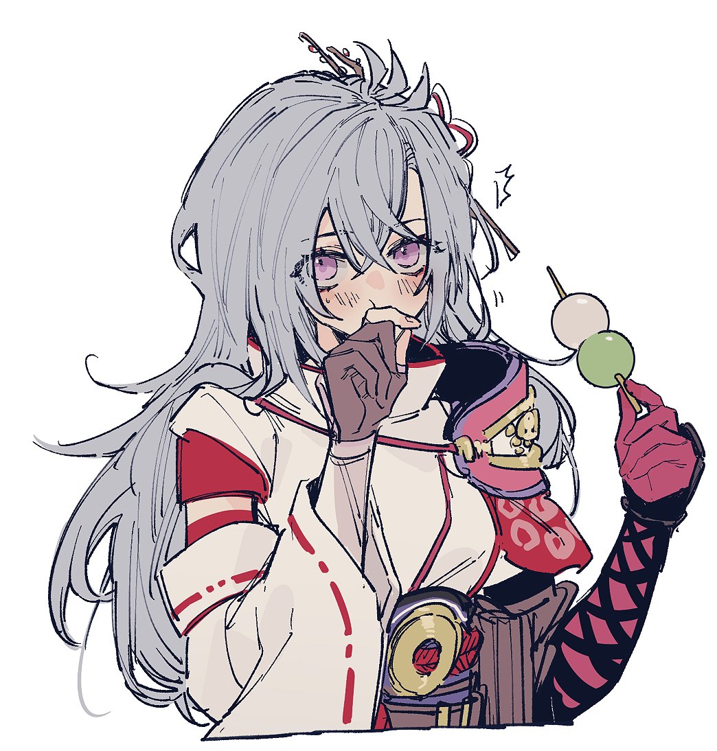 1girl, armor, blush, cropped_torso, crossed_bangs, dango, eating, food, gloves, grey_hair, hair_between_eyes, hair_ornament, holding, holding_food, japanese_armor, japanese_clothes, kaguya_(rune_factory), long_hair, ribbon-trimmed_sleeves, ribbon_trim, rune_factory, rune_factory:_guardians_of_azuma, sanshoku_dango, simple_background, solo, sweat, upper_body, violet_eyes, vx7givcony78710, wagashi, white_background, wide_sleeves