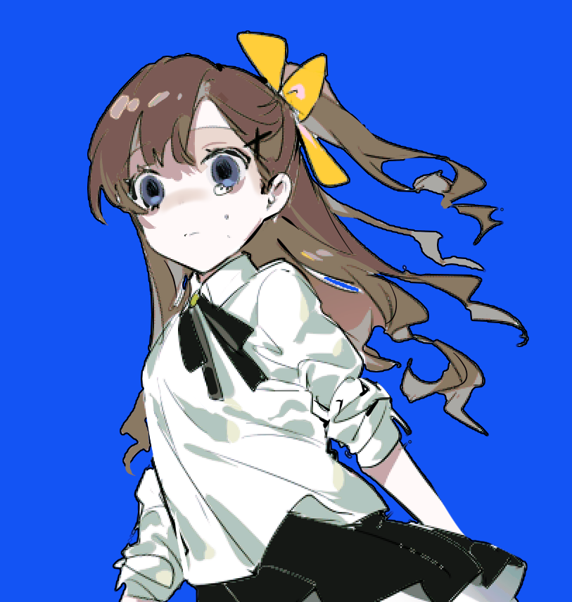 1girl, black_bow, black_bowtie, black_skirt, blue_background, blue_eyes, bow, bowtie