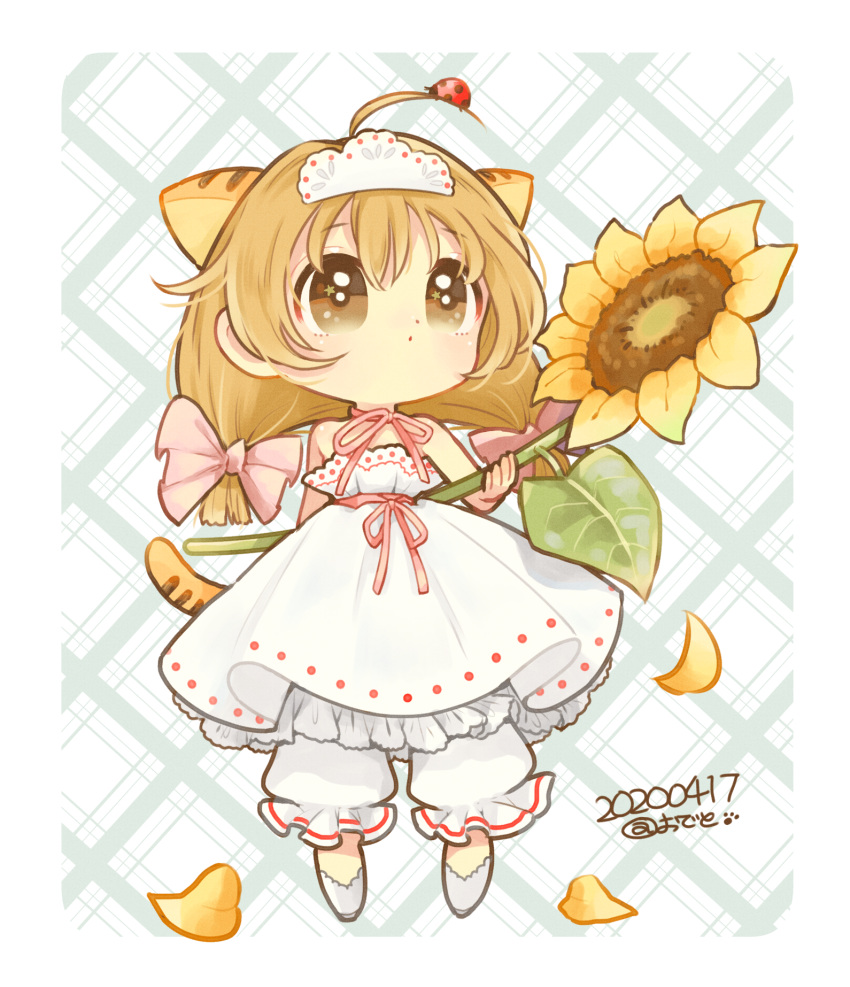1girl, animal_ears, animal_on_head, bare_shoulders, bloomers, brown_eyes, brown_hair, bug