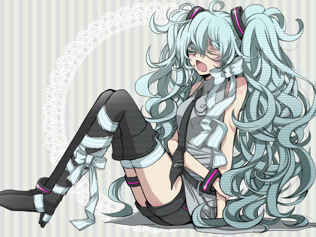 aqua_hair, boots, closed_eyes, colored_eyelashes, eyelashes, eyepatch, eyes_closed, hatsune_miku