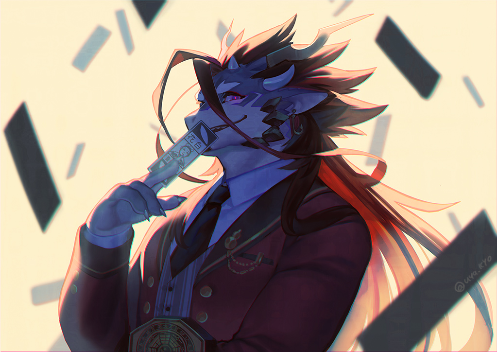 1boy, between_fingers, black_necktie, collarbone, dragon_boy, fish_hook_earrings, furry, furry_male