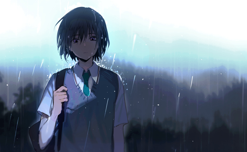 1boy, aqua_necktie, bag, bare_arms, black_bag, black_hair, blue_vest, chinese_commentary