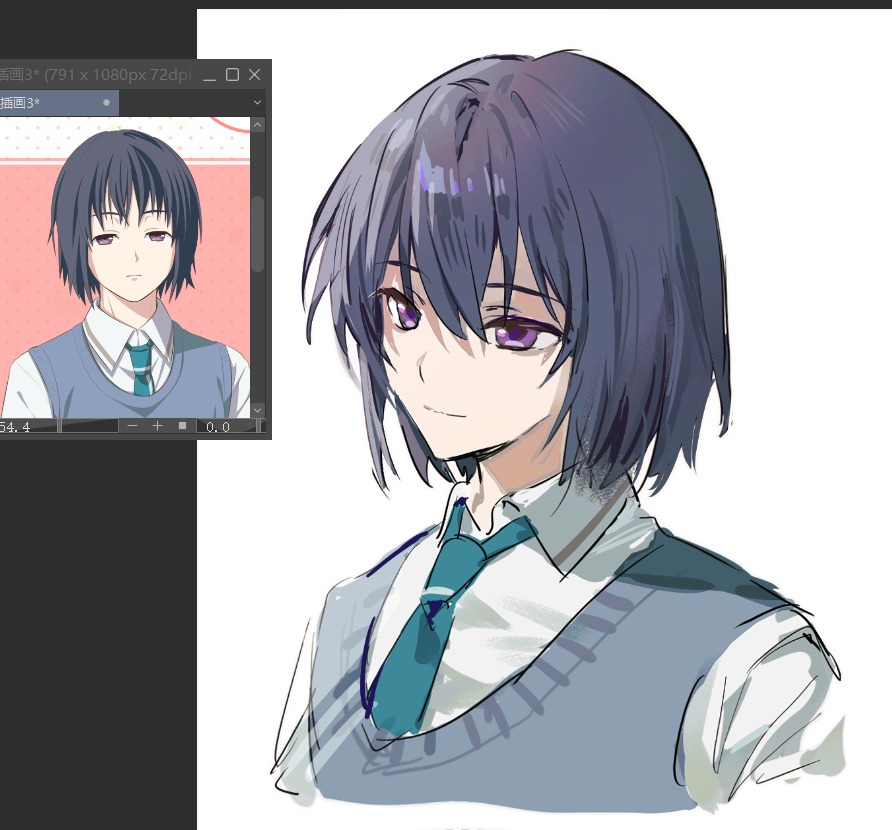 1boy, aqua_necktie, art_program_in_frame, art_program_request, black_hair, blue_vest, chinese_commentary, closed_mouth