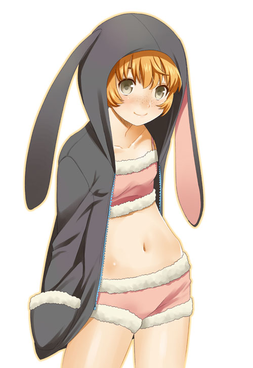 blonde_hair, bunny_ears, freckles, hoodie, mattaku_mosuke, midriff, navel, original, shorts, smile, solo
