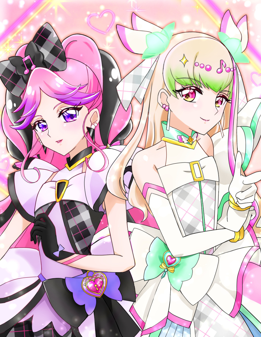 2girls, bare_arms, black_gloves, black_hair, blonde_hair, blunt_bangs, bracelet, braid