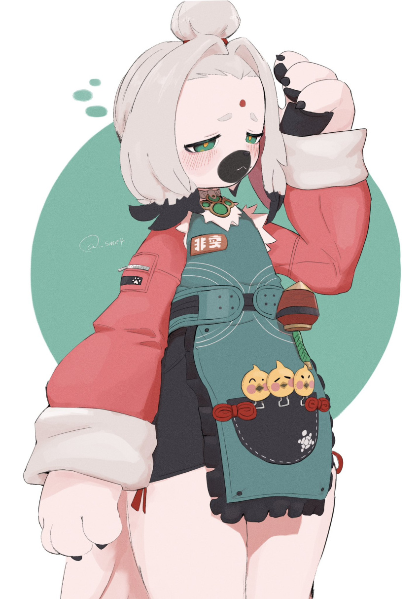 1girl, :<, blush, cairn_(zenless_zone_zero), chinese_clothes, claws, commentary_request, dog_girl, facial_mark, forehead_mark, furry, furry_female, green_eyes, grey_hair, highres, long_sleeves, orange_pupils, pelvic_curtain, simple_background, sme4, solo, topknot, twitter_username, two-tone_background, zenless_zone_zero