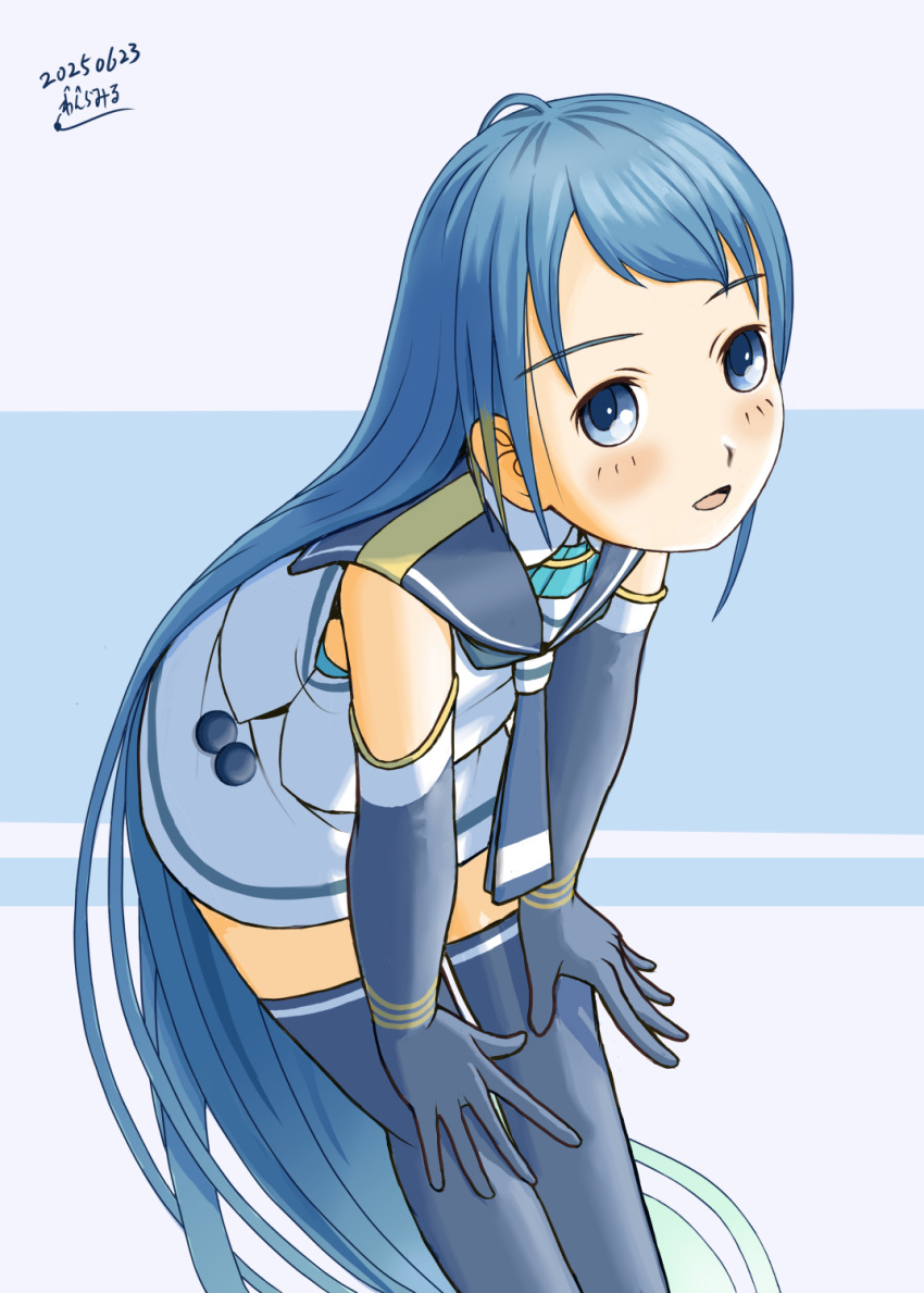 1girl, artist_name, black_gloves, black_neckerchief, black_sailor_collar, black_thighhighs, blue_background, blue_eyes