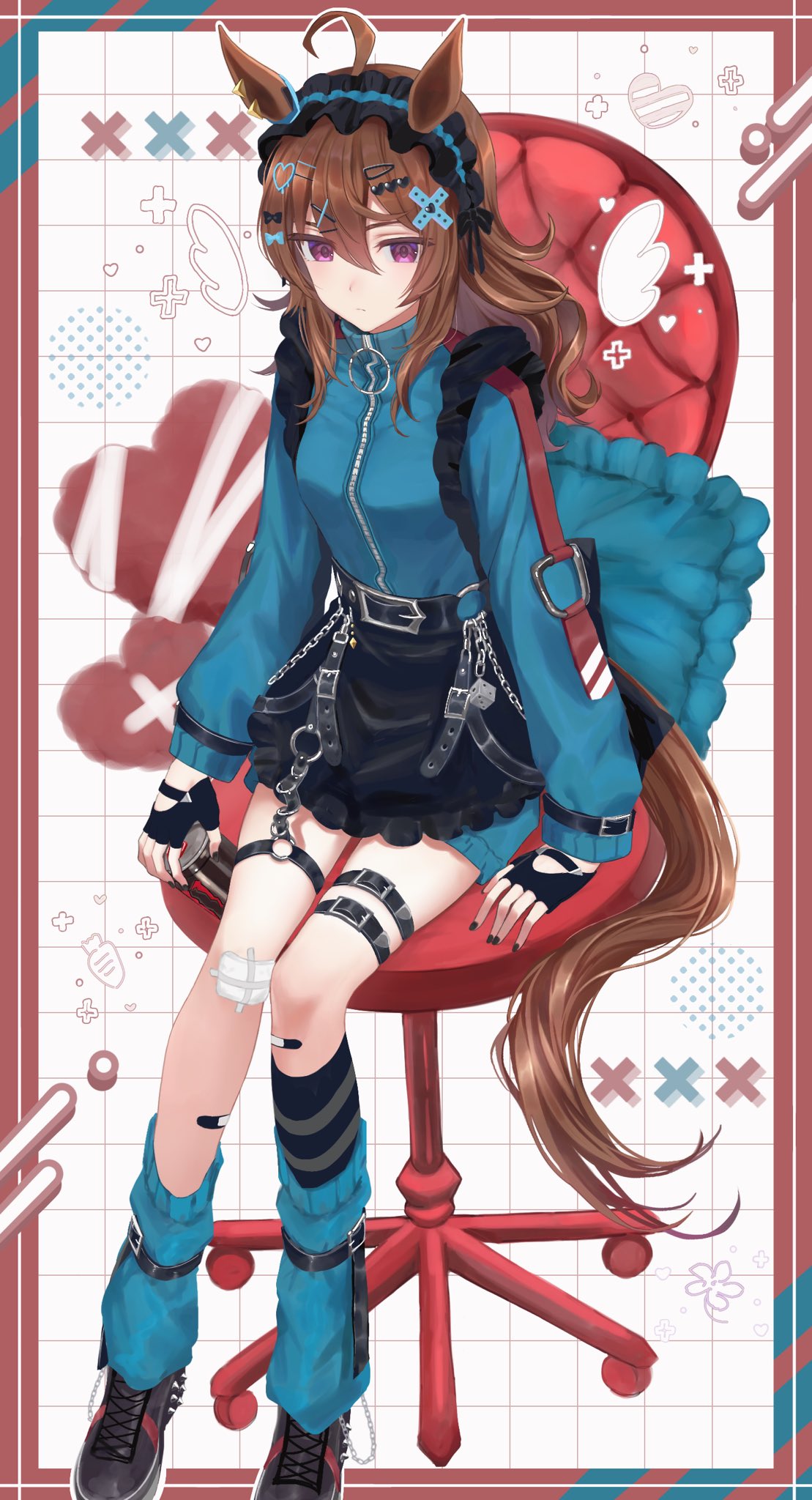 1girl, alternate_costume, animal_ears, bandaid, bandaid_on_leg, black_hairband, black_shoes, black_skirt, blue_jacket, blue_socks, brown_hair, hair_between_eyes, hairband, highres, horse_ears, horse_girl, horse_tail, jacket, long_hair, long_sleeves, looking_at_viewer, loose_socks, mumumu_o08, nakayama_festa_(umamusume), shoes, single_sock, sitting, skirt, socks, solo, swivel_chair, tail, track_jacket, umamusume, violet_eyes