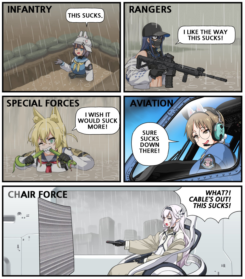 5girls, animal_ears, assault_rifle, biting_another, blonde_hair, blue_archive, controller, english_text, flood, fox_ears, gun, headset, henshako, highres, himari_(blue_archive), holding, holding_gun, holding_remote_control, holding_weapon, kurumi_(blue_archive), left-to-right_manga, moe_(blue_archive), multiple_girls, no_halo, pointy_ears, rabbit_platoon_(blue_archive), rain, remote_control, rifle, saki_(blue_archive), sandbag, saori_(blue_archive), sig_516, snake, speech_bubble, trench, unit_patch, watching_television, weapon, x_x