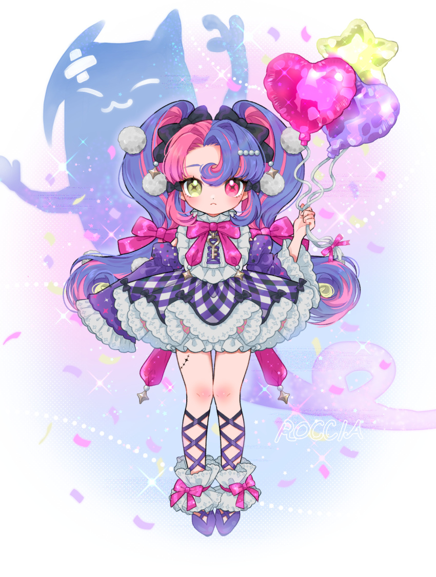 1girl, ballet_slippers, balloon, black_bow, blush, bow, character_name, detached_sleeves