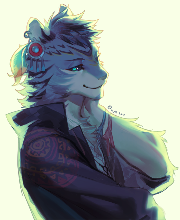 1boy, animal_ear_piercing, backlighting, black_jacket, blue_eyes, bracelet, furry, furry_male