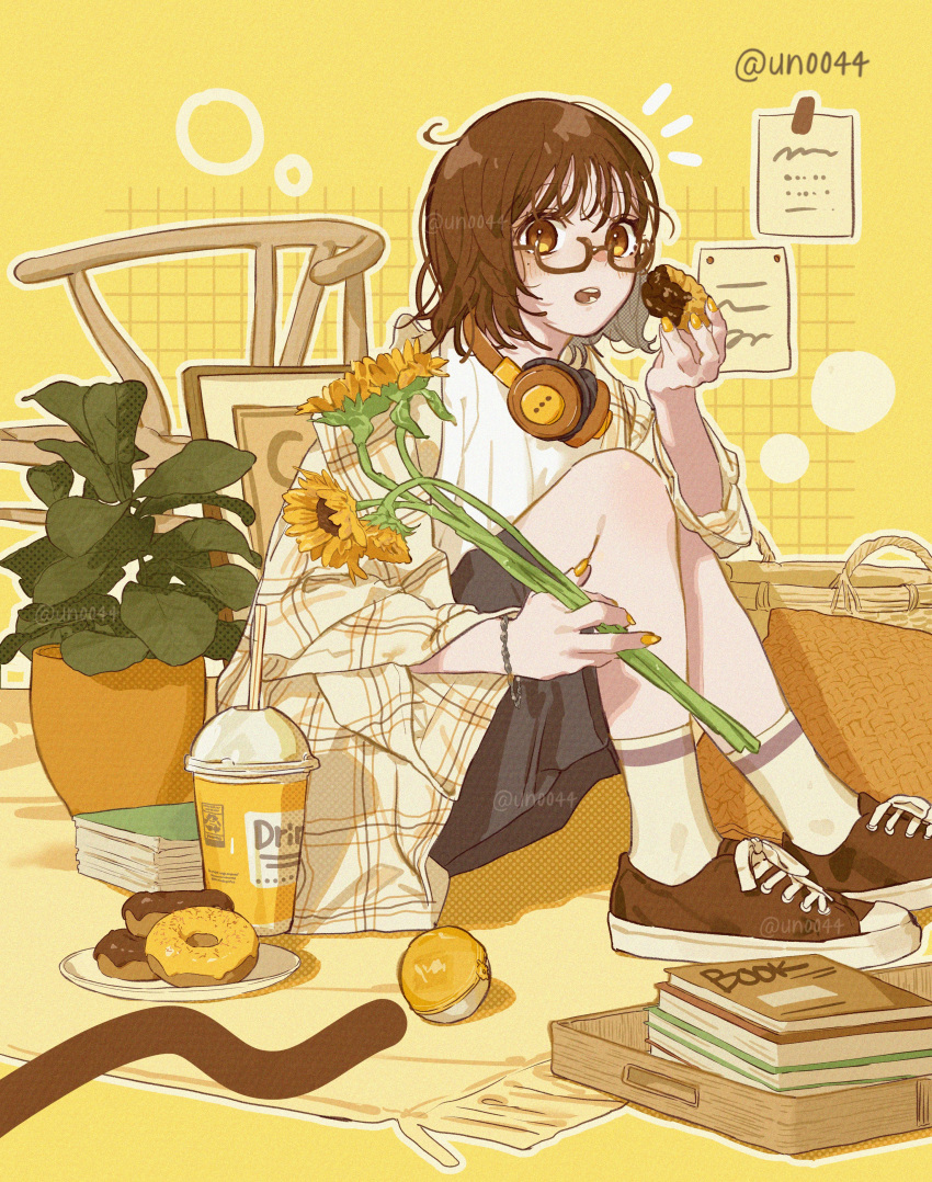 1girl, absurdres, black_shorts, blush, book, bracelet, brown-framed_eyewear, brown_hair