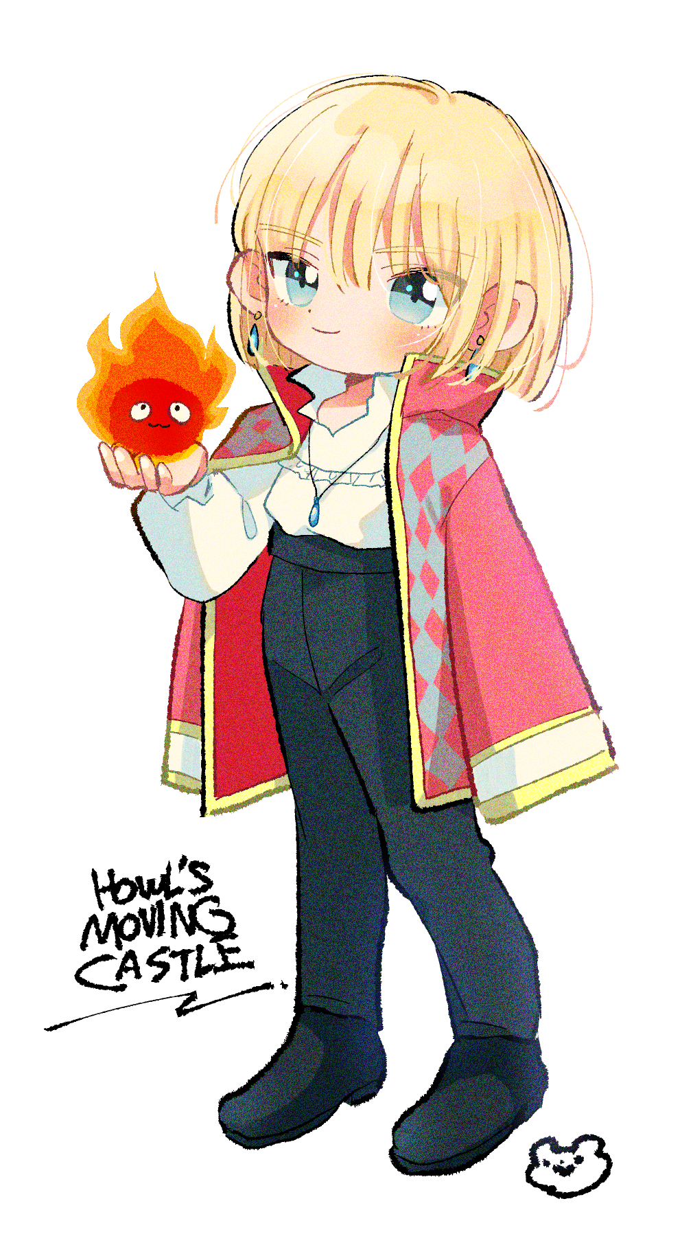 1boy, black_pants, blonde_hair, blue_eyes, calcifer, closed_mouth, copyright_name, earrings, fire, full_body, highres, howl_no_ugoku_shiro, howl_pendragon, jacket, jacket_on_shoulders, jewelry, long_sleeves, looking_at_viewer, male_focus, necklace, odetooo, pants, poet_shirt, puffy_short_sleeves, puffy_sleeves, short_hair, short_sleeves, simple_background, solo, white_background