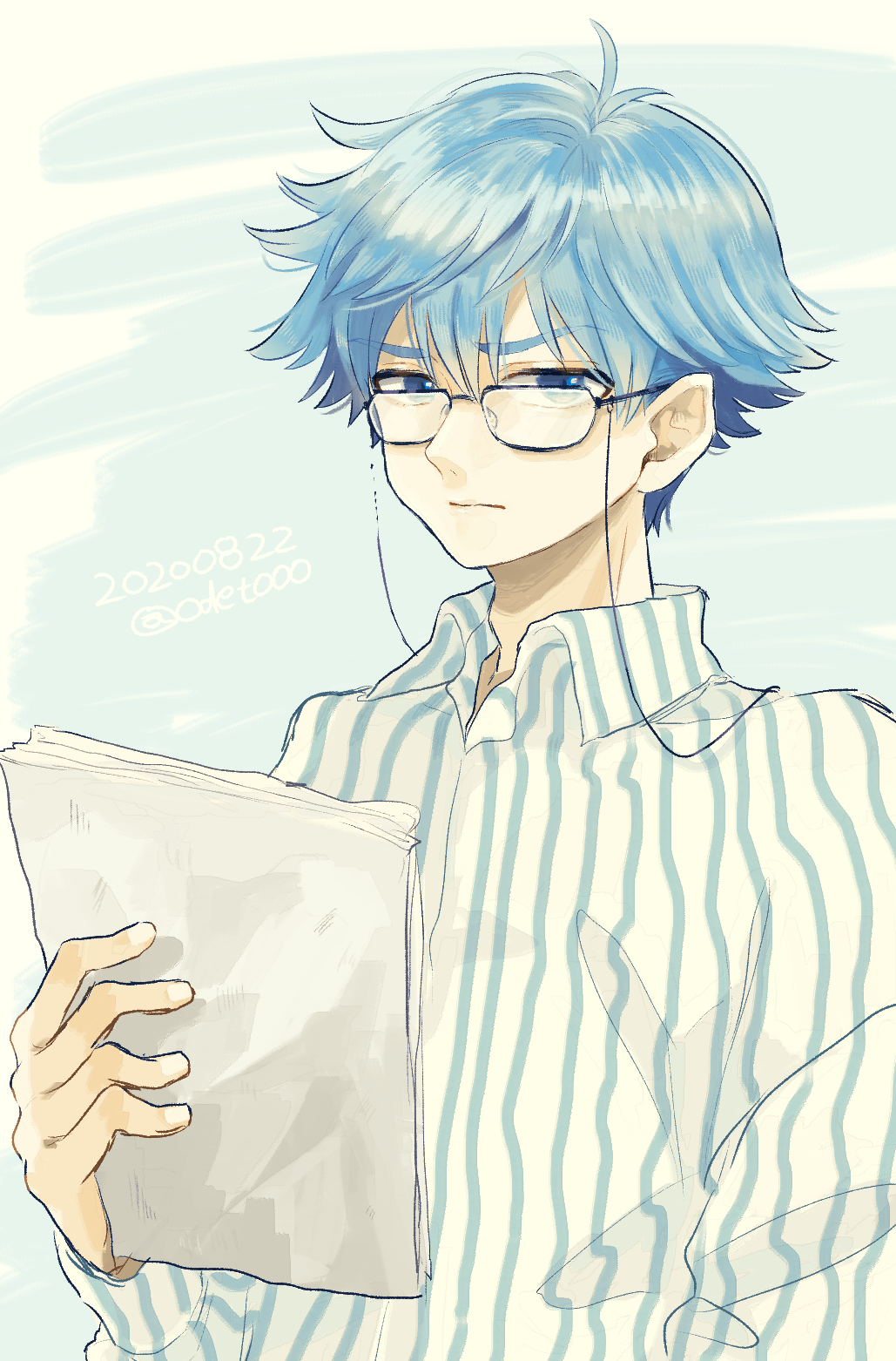 1boy, adam's_apple, blue_eyes, blue_hair, closed_mouth, dated, fate/grand_order, fate_(series)
