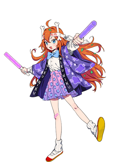 1girl, 3am, ahoge, artist_request, bandaid, bandaid_on_knee, bandaid_on_leg, blue_bow, blue_bowtie, blue_eyes, bone_hair_ornament, bow, bowtie, buttons, collared_shirt, fang_guu, glowstick, hair_ornament, hairband, haori, holding, holding_glowstick, japanese_clothes, leaf_hair_ornament, long_hair, long_sleeves, official_art, open_mouth, orange_hair, penlight_(glowstick), pink_skirt, pleated_skirt, purple_haori, shadow, shirt, shoes, skirt, socks, solo, virtual_youtuber, white_hairband, white_shirt, white_shoes, white_socks