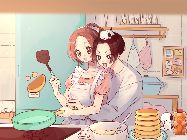 1boy, 1girl, apron, brown_hair, face-framing_short_strand, food, frying_pan, hug