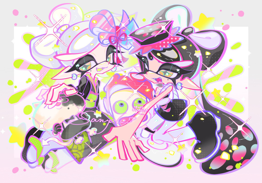 2girls, absurdly_long_hair, black_dress, black_hair, black_haori, black_shoes, border, bow-shaped_hair