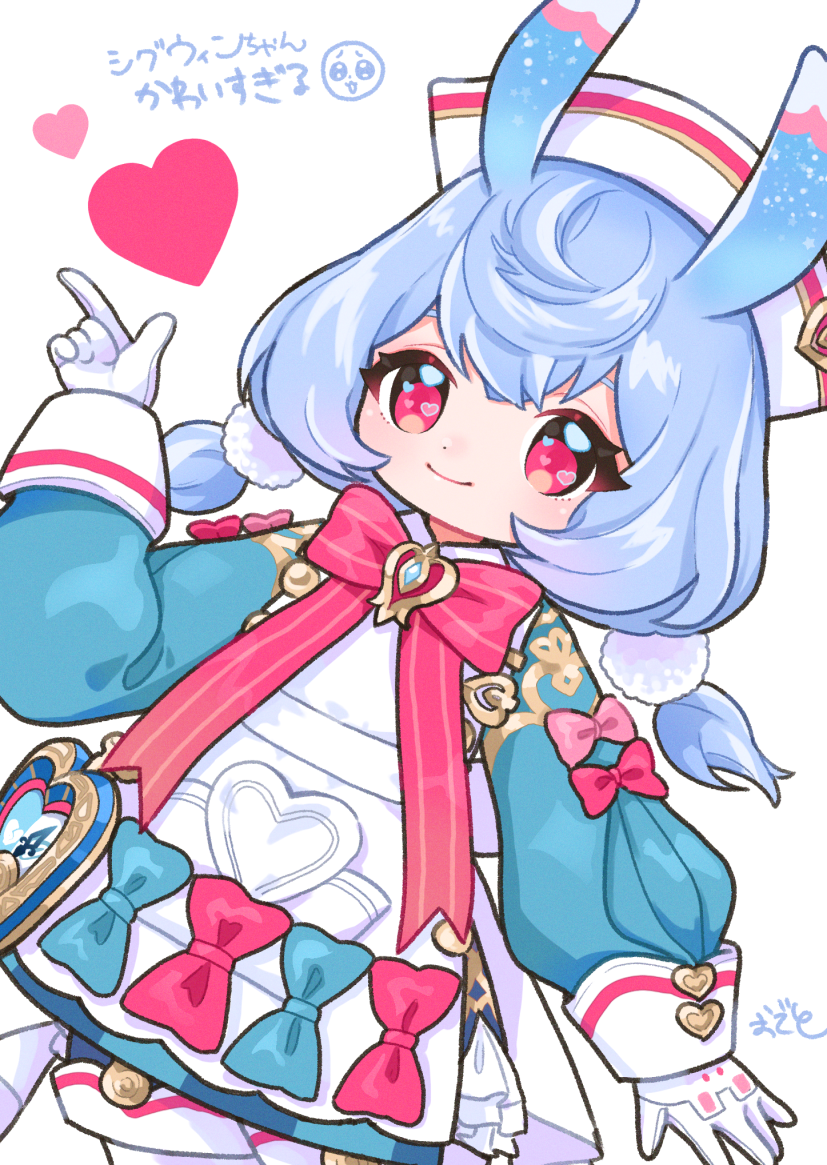 1girl, blue_hair, bow, closed_mouth, dot_nose, genshin_impact, gloves, heart