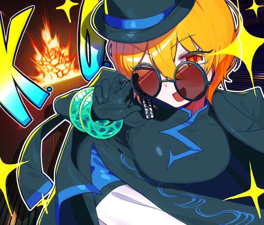 1girl, black_coat, black_dress, black_gloves, black_hat, blonde_hair, breasts, brown-tinted_eyewear