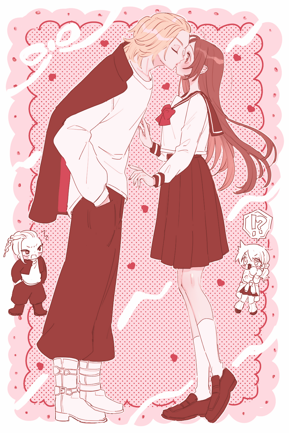 1boy, 1girl, brown_eyes, brown_hair, closed_eyes, couple, face-framing_short_strand, highres, kiss, loose_hair_strand, m15391599, parted_bangs, round_eyes, ryuuguuji_ken, sano_emma, sano_manjirou, school_uniform, tokyo_revengers