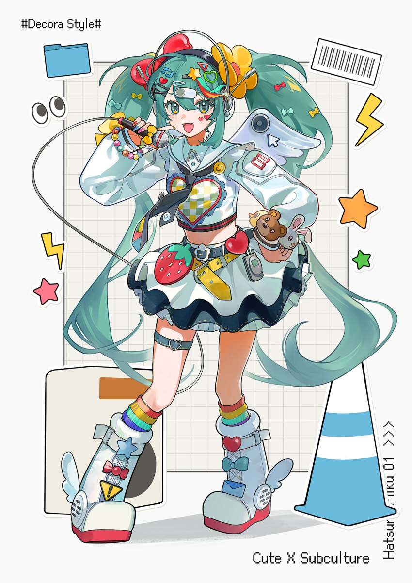 1girl, :d, amd_aoneko, black_necktie, boots, crop_top, cropped_shirt, cursor, fang, folder, full_body, green_eyes, green_hair, hair_between_eyes, hair_ornament, hashtag-only_commentary, hatsune_miku, headphones, heart, heart_hair_ornament, highres, holding, holding_microphone, kneehighs, long_hair, long_sleeves, looking_at_viewer, microphone, multicolored_socks, necktie, open_mouth, sailor_collar, shirt, sidelocks, single_wing, skirt, smile, socks, solo, standing, star_(symbol), star_hair_ornament, traffic_cone, twintails, very_long_hair, vocaloid, white_background, white_boots, white_sailor_collar, white_shirt, white_skirt, white_wings, wings, x_hair_ornament