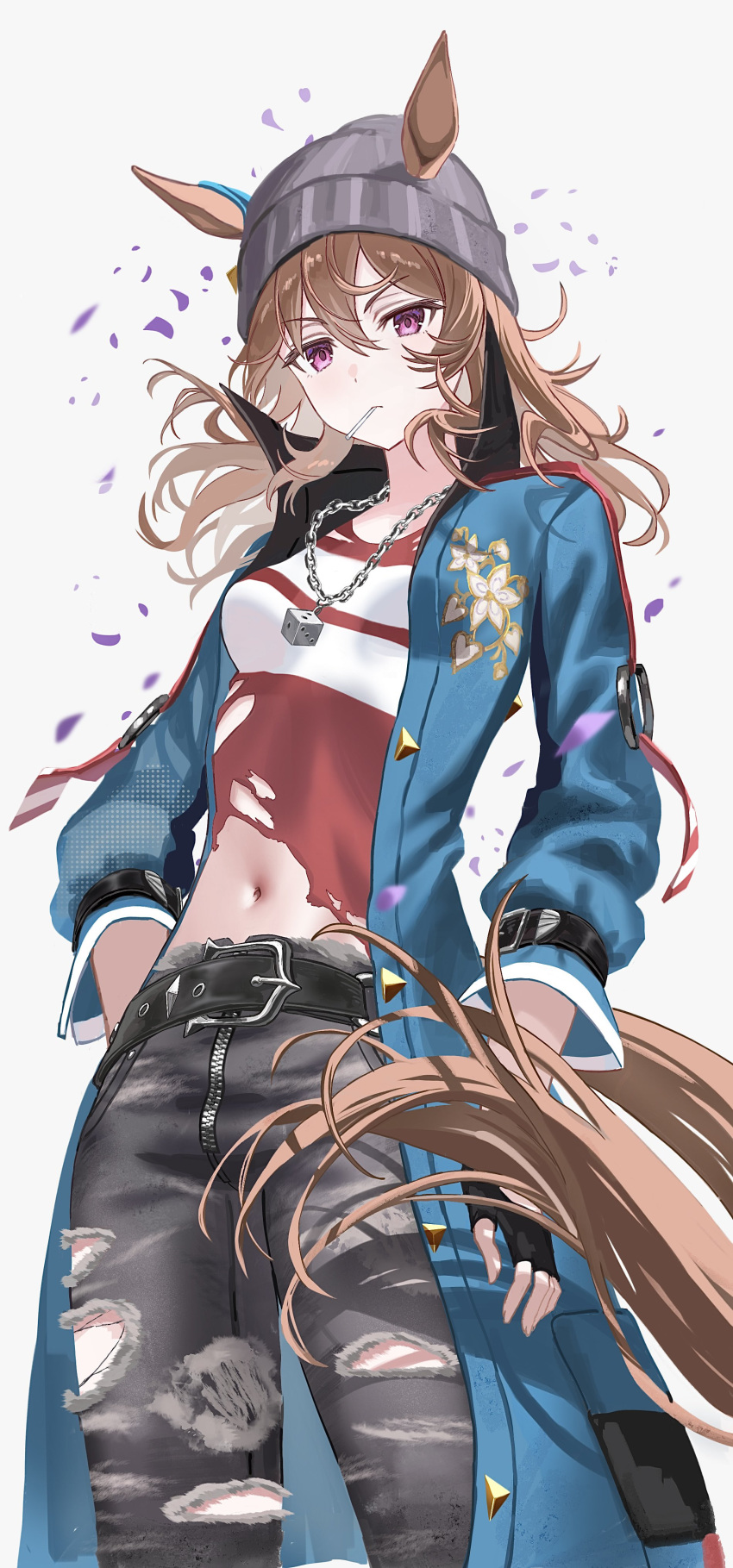 1girl, absurdres, animal_ears, beanie, belt, black_belt, black_pants, blue_coat, brown_hair, coat, dice, dice_necklace, ears_through_headwear, grey_background, grey_hat, hair_between_eyes, hat, highres, horse_ears, horse_girl, horse_tail, jewelry, lollipop_in_mouth, long_hair, long_sleeves, looking_at_viewer, mumumu_o08, nakayama_festa_(umamusume), necklace, pants, red_shirt, shirt, simple_background, solo, striped_clothes, striped_shirt, tail, torn_clothes, torn_shirt, umamusume, violet_eyes