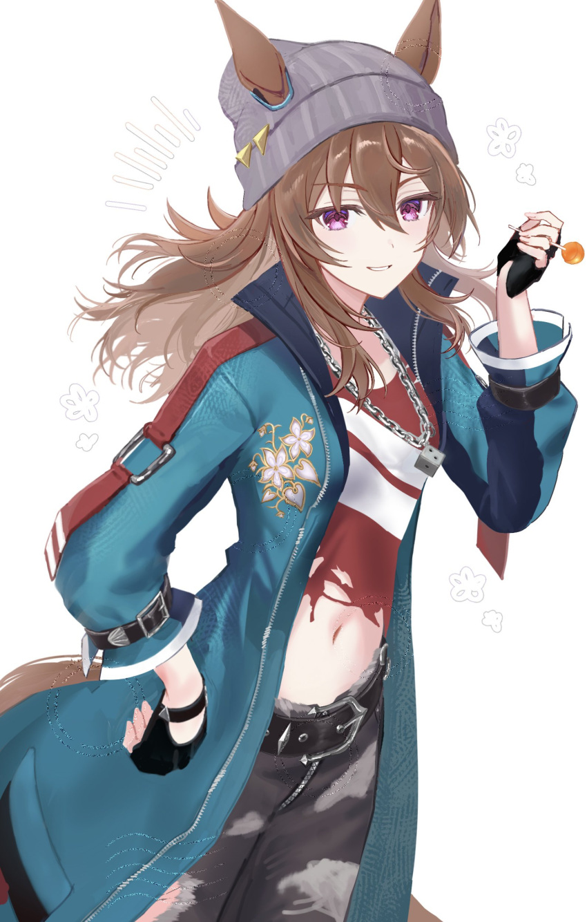 1girl, absurdres, animal_ears, beanie, black_gloves, blue_coat, brown_hair, candy, coat, dice, dice_necklace, ears_through_headwear, fingerless_gloves, food, gloves, grey_hat, hair_between_eyes, hat, highres, horse_ears, horse_girl, horse_tail, jewelry, lollipop, long_hair, long_sleeves, looking_at_viewer, mumumu_o08, nakayama_festa_(umamusume), necklace, red_shirt, shirt, simple_background, smile, solo, striped_clothes, striped_shirt, tail, torn_clothes, torn_shirt, umamusume, violet_eyes, white_background