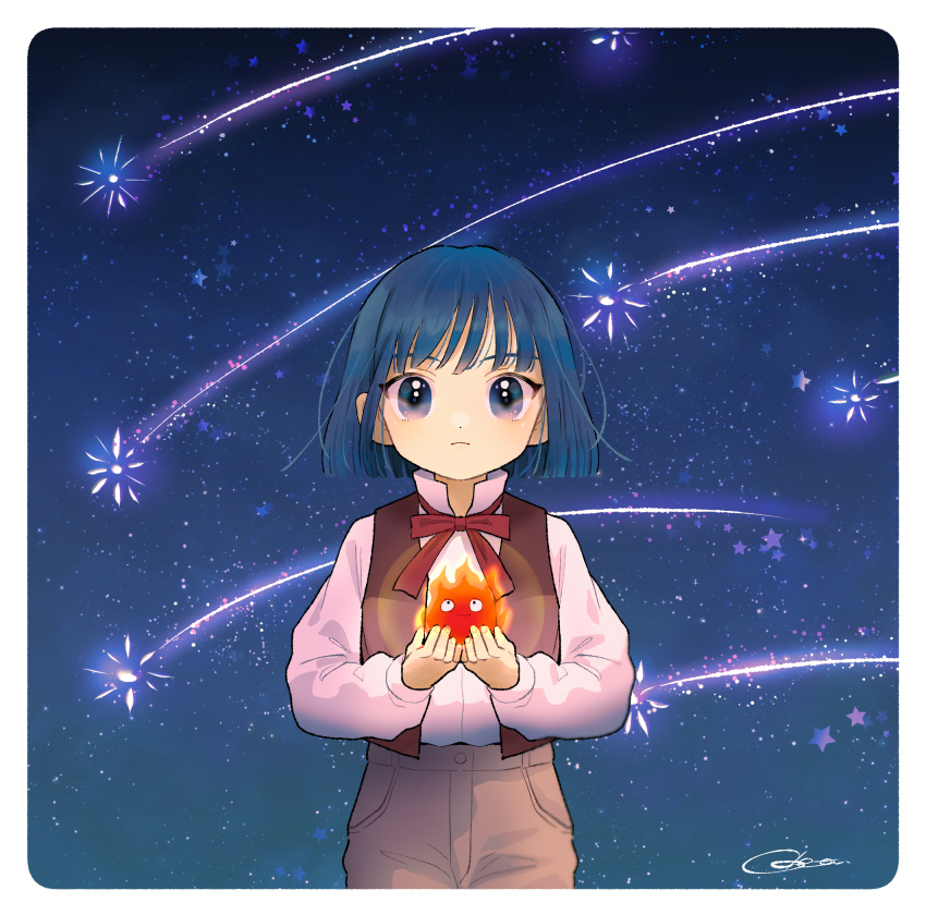 1boy, blue_hair, border, brown_vest, calcifer, closed_mouth, dot_nose, eyelashes, fire, highres, howl_no_ugoku_shiro, howl_pendragon, long_sleeves, looking_at_viewer, male_focus, odetooo, red_border, shooting_star, vest, white_border
