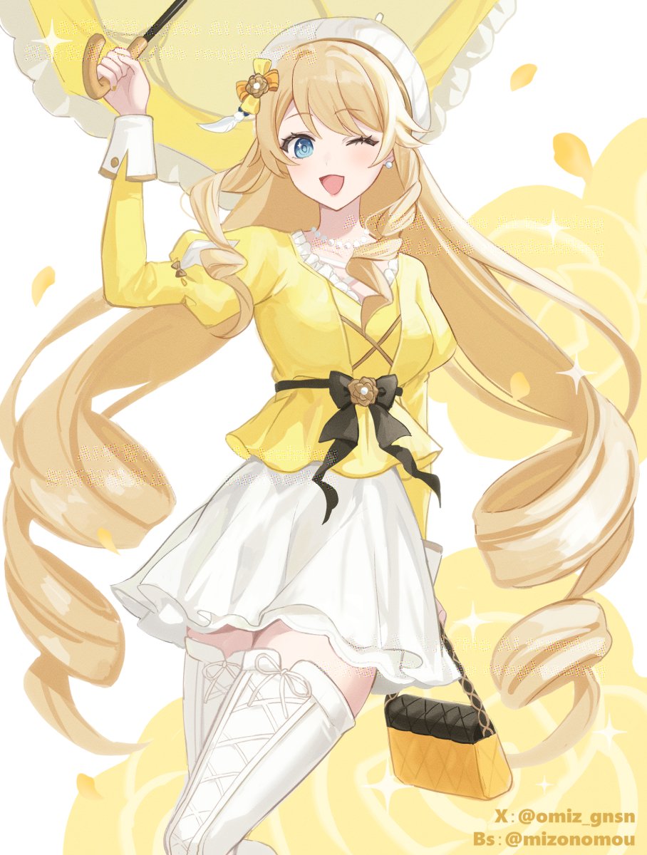 1girl, bag, beret, blonde_hair, blue_eyes, boots, bow, breasts