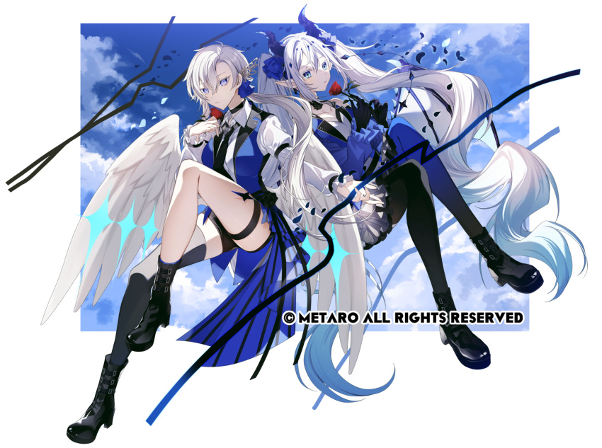 2girls, black_boots, black_choker, black_gloves, black_horns, black_necktie, black_shorts, blue_eyes, blue_ribbon, boots, breasts, choker, collarbone, collared_shirt, copyright_notice, falling_petals, flower, gloves, hair_between_eyes, hair_ornament, hair_ribbon, highres, holding, holding_flower, horns, liora_walkyria, long_hair, long_sleeves, multiple_girls, necktie, nova_aokami, official_art, petals, pointy_ears, red_flower, red_rose, ribbon, rose, sesekawa_nako, shirt, shorts, single_thighhigh, thigh-highs, thigh_strap, twintails, v&amp;u_entertainment, violet_eyes, vreverie, white_hair, white_shirt, white_wings, wing_hair_ornament, wings