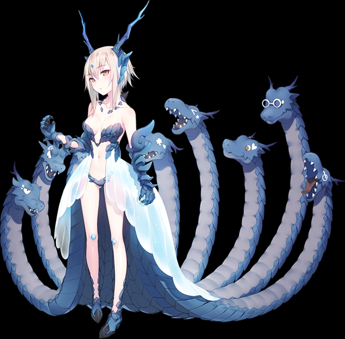 1girl, bare_shoulders, blonde_hair, breasts, dragon_girl, full_body, hair_between_eyes, horns