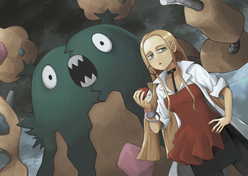 145web, 1girl, black_choker, black_skirt, blonde_hair, bracelet, choker, commentary, dynamax_band, earrings, garbodor, green_eyes, hand_on_own_hip, hexagon_earrings, holding, holding_poke_ball, hoop_earrings, jacket, jewelry, lab_coat, long_hair, nail_polish, oleana_(pokemon), open_clothes, open_jacket, open_mouth, poke_ball, poke_ball_(basic), pokemon, pokemon_(creature), pokemon_swsh, red_nails, red_shirt, sharp_teeth, shirt, skirt, teeth, white_jacket