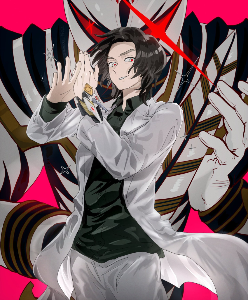 1boy, abare_killer, bakuryuu_sentai_abaranger, black_hair, black_shirt, coat, highres, kaede_1402, male_focus, nakadai_mikoto, pants, red_background, red_pupils, shirt, super_sentai, white_coat, white_eyes, white_pants