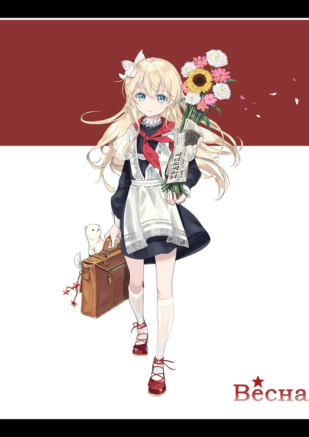 bag, blonde_hair, blue_eyes, bouquet, child, flower, hair_ornament, long_hair