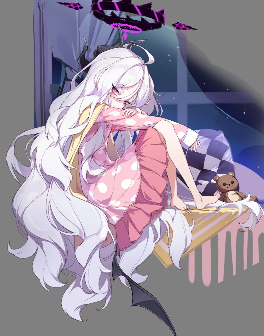 1girl, barefoot, beiqi_coconut, black_halo, black_horns, blue_archive, cardigan, cardigan_on_shoulders