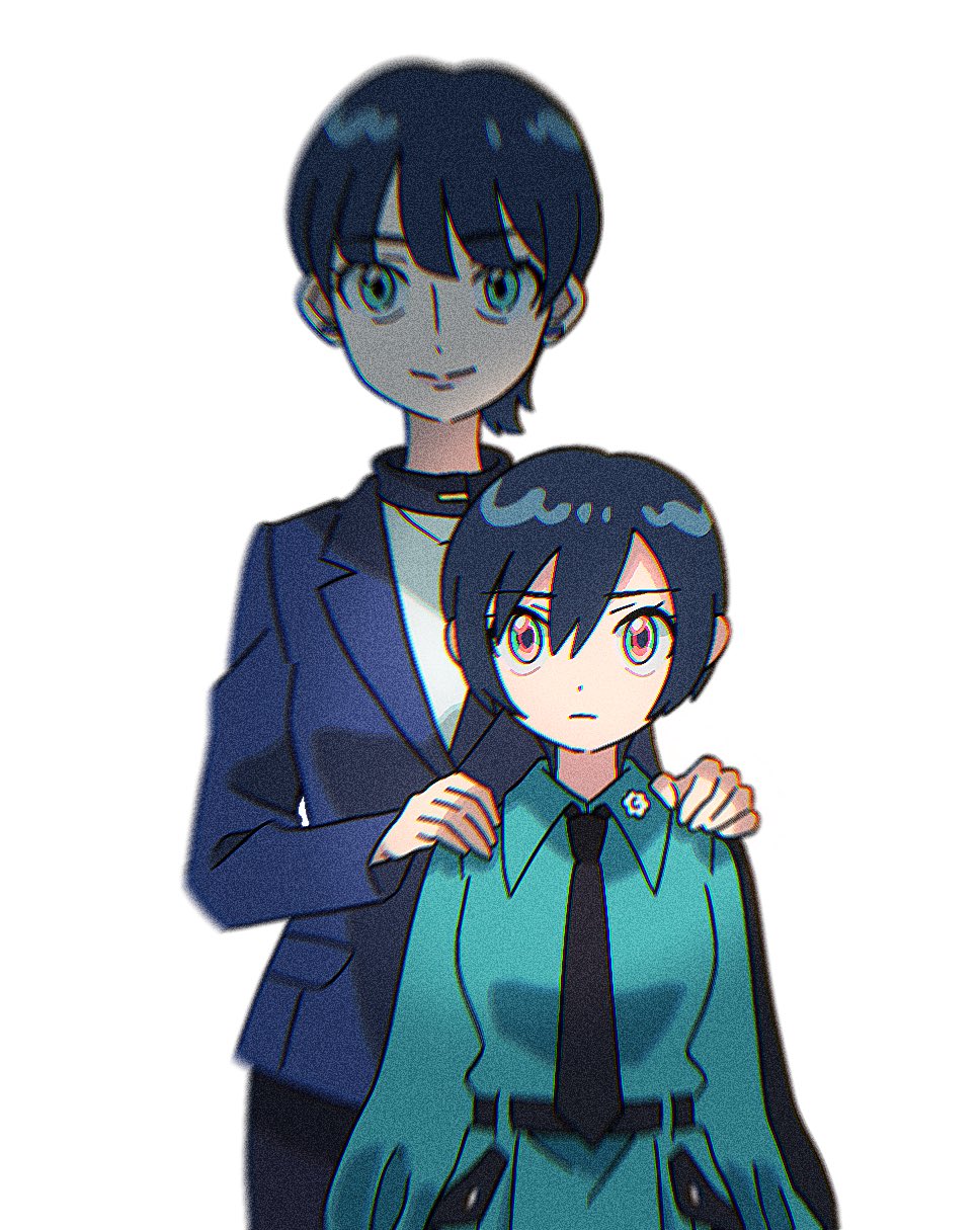 2girls, alternate_hair_color, amate_yuzuriha, aqua_eyes, aqua_shirt, aqua_skirt, black_hair, black_necktie