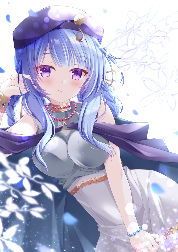 1girl, bare_shoulders, beret, blue_hair, braid, breasts, commission, hand_in_own_hair, hat, iris_mysteria!, jewelry, looking_at_viewer, medium_breasts, necklace, olivie_cromwright, shizuki_ayame, skeb_commission, smile, violet_eyes, white_background